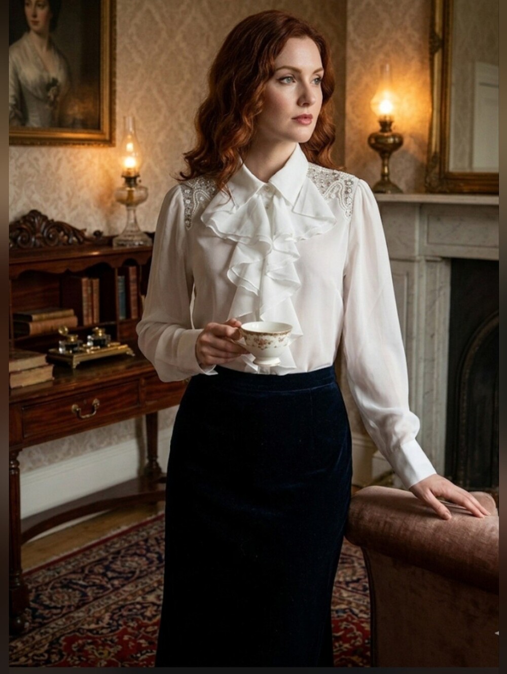Vintage Together Victorian Bib Ruffle Beaded Poet Blouse Top Shirt Sz 6 White